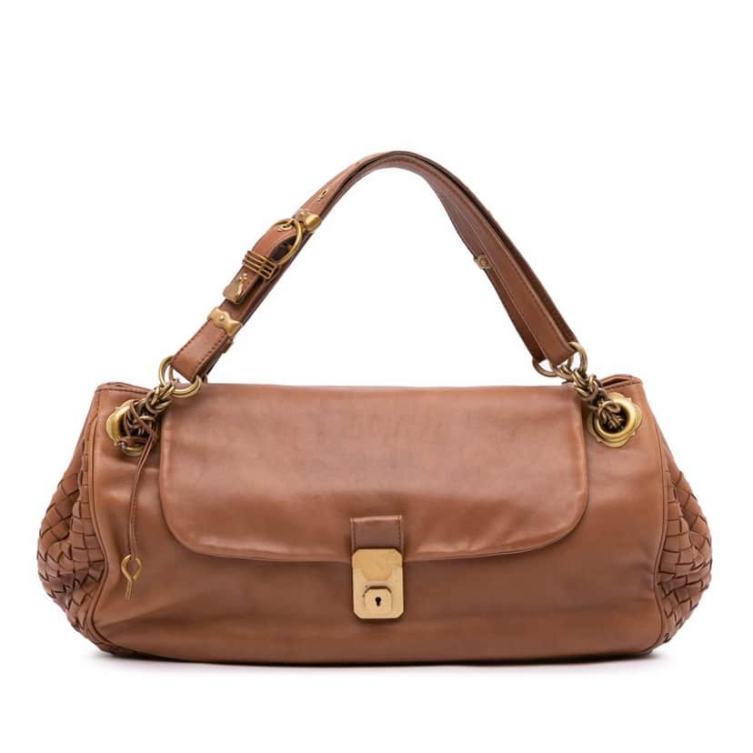 Bottega Veneta Nappa Intrecciato Trimmed Napoli Handbag Brown Leather Good condition - Front View