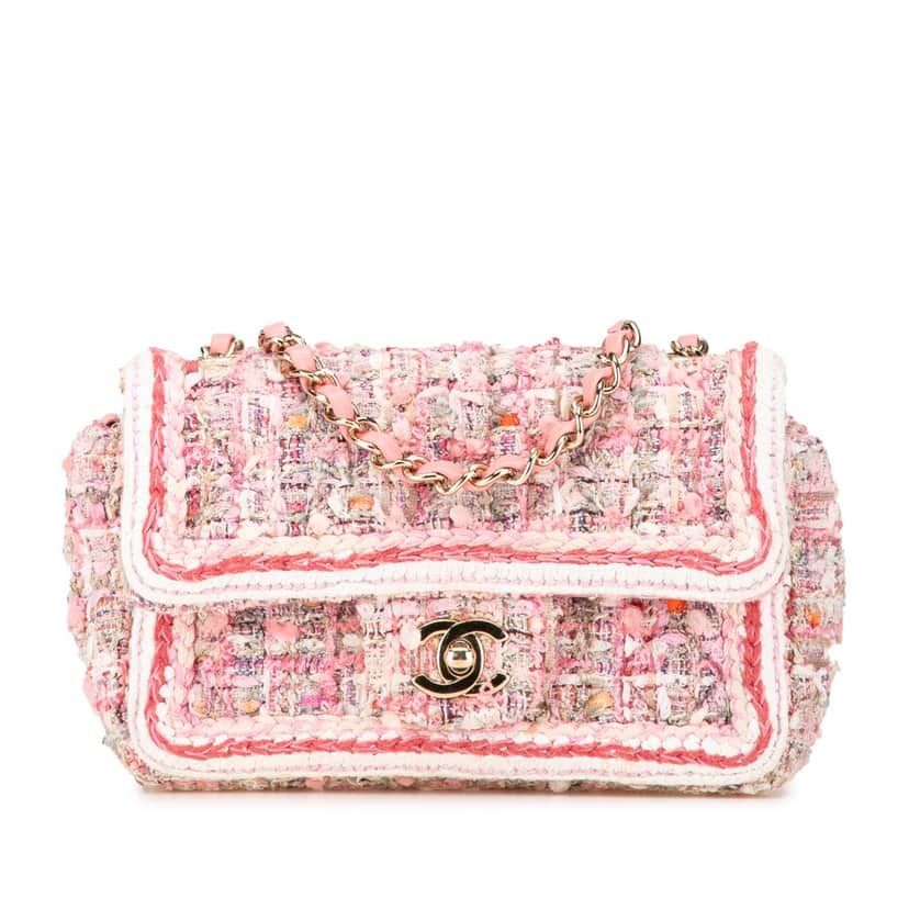 Chanel Mini Rectangular Classic Tweed Braid Flap Pink Tweed Good condition - Front View