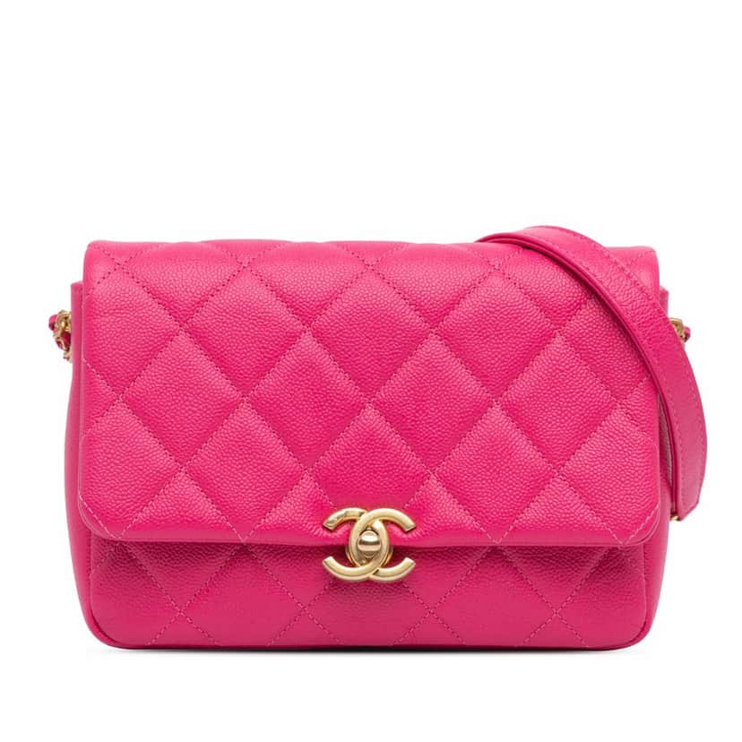 Chanel Small Quilted Caviar Chain Melody Flap Pink Leather Good condition - Front View