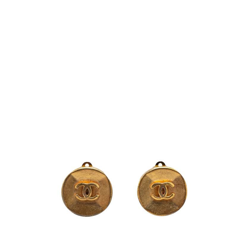 Chanel Gold Tone CC Button Clip On Earrings Gold Metal Good condition - Front View