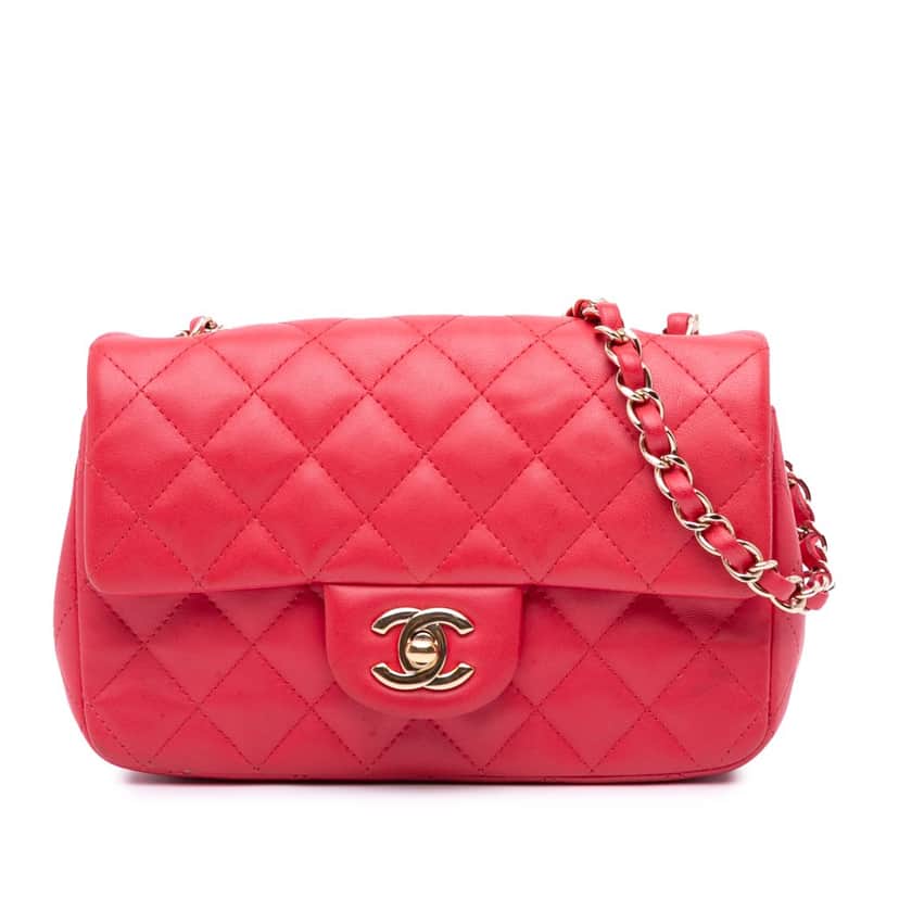 Chanel Mini Rectangular Classic Lambskin Single Flap Red Leather Good condition - Front View