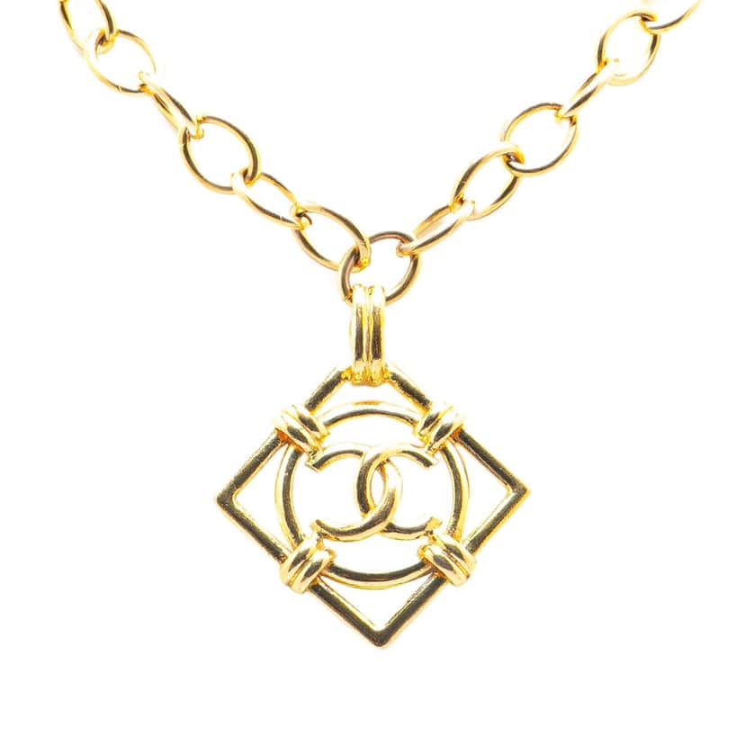 Chanel Gold Plated CC Diamond Shape Pendant Necklace Gold Metal Good condition - Front View