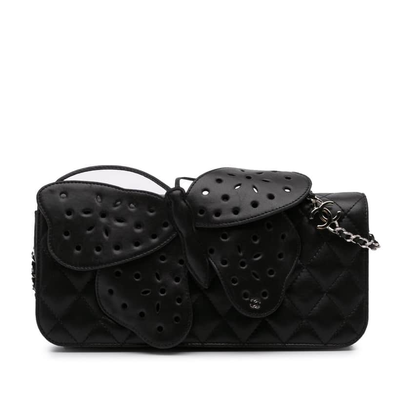 Chanel Quilted Lambskin Butterfly Clutch With Chain Black Leather Good condition - Front View