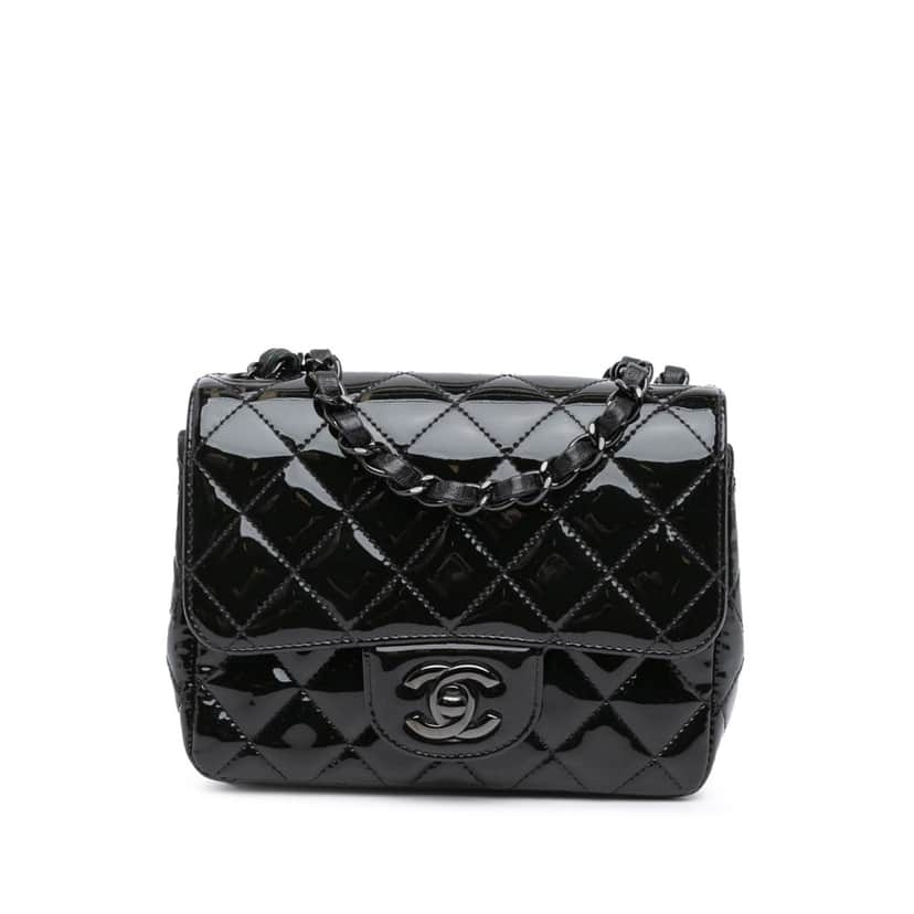 Chanel Mini Square Classic Patent So Black Single Flap Black Leather Good condition - Front View