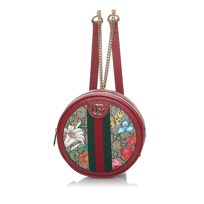 Gucci GG Supreme Flora Ophidia Round Backpack Red Canvas Good condition - Front View