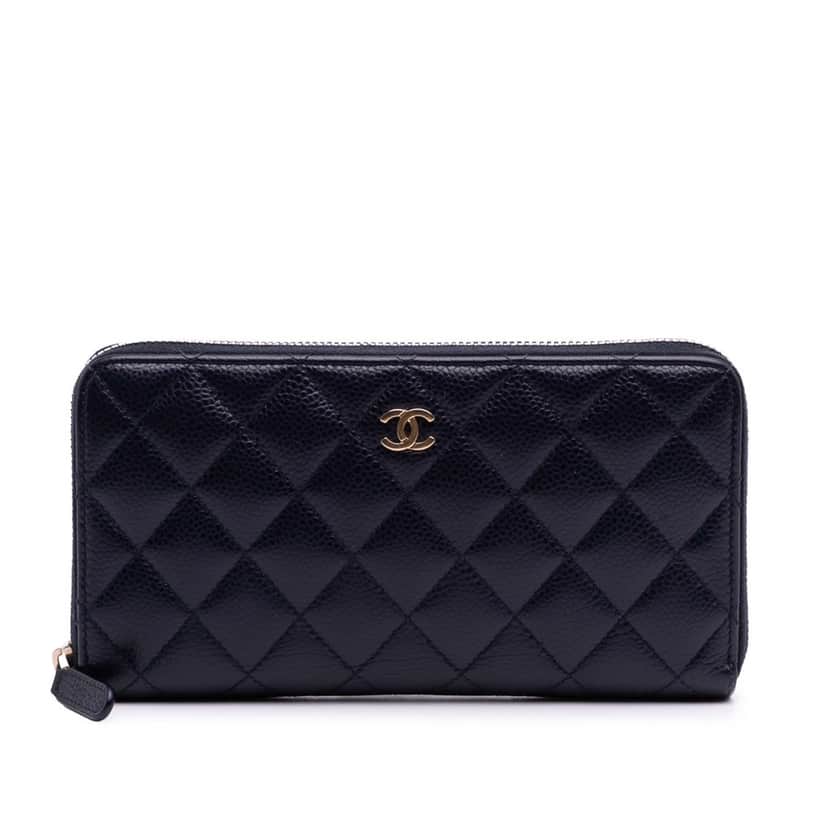 Chanel CC Quilted Caviar Zip Around Long Wallet Blue Leather Good condition - Front View
