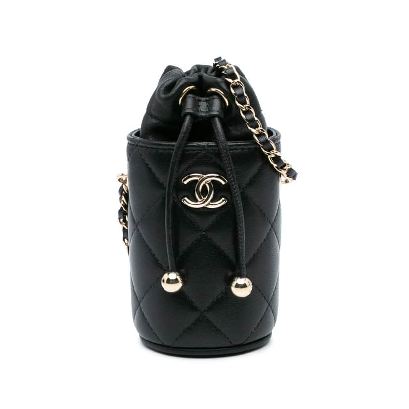Chanel Micro Quilted Lambskin Drawstring Bucket Bag Black Leather Good condition - Front View