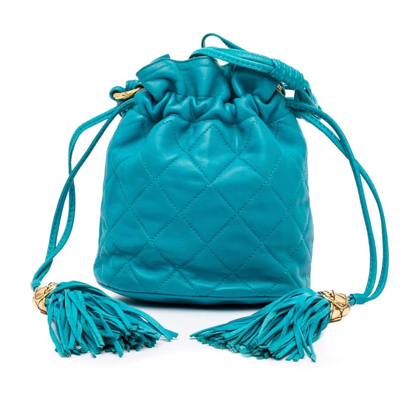 Chanel Quilted Lambskin Drawstring Tassel Bucket Bag Blue Leather Good condition - Front View