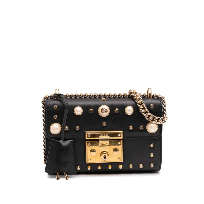 Gucci Small Pearl Studded Leather Padlock Crossbody Black Leather Good condition - Front View