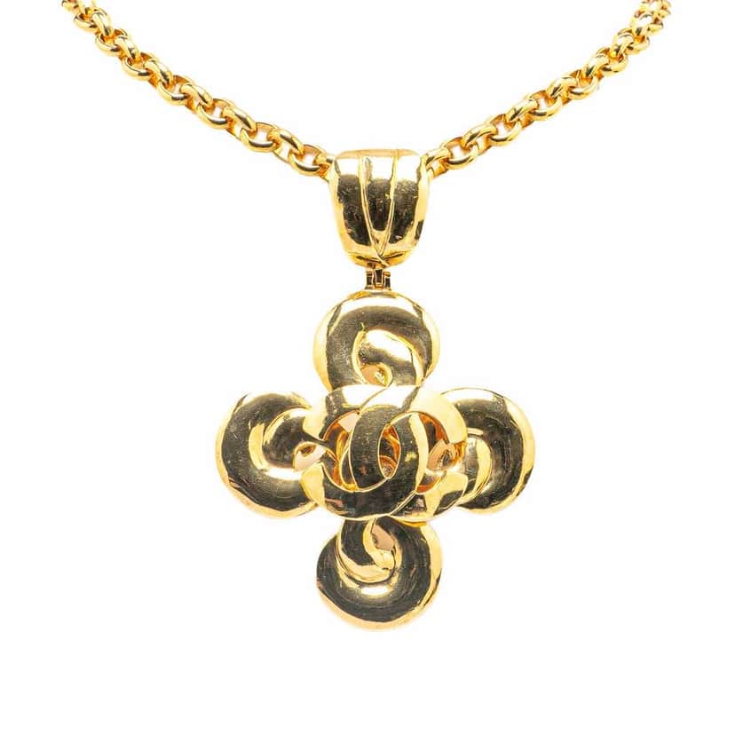 Chanel Gold Plated CC Clover Pendant Necklace Gold Metal Good condition - Front View