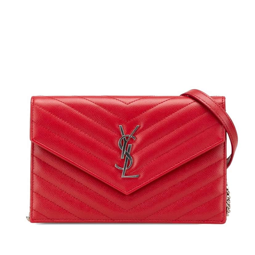 Saint Laurent Grain De Poudre Cassandre Chain Wallet Red Leather Good condition - Front View