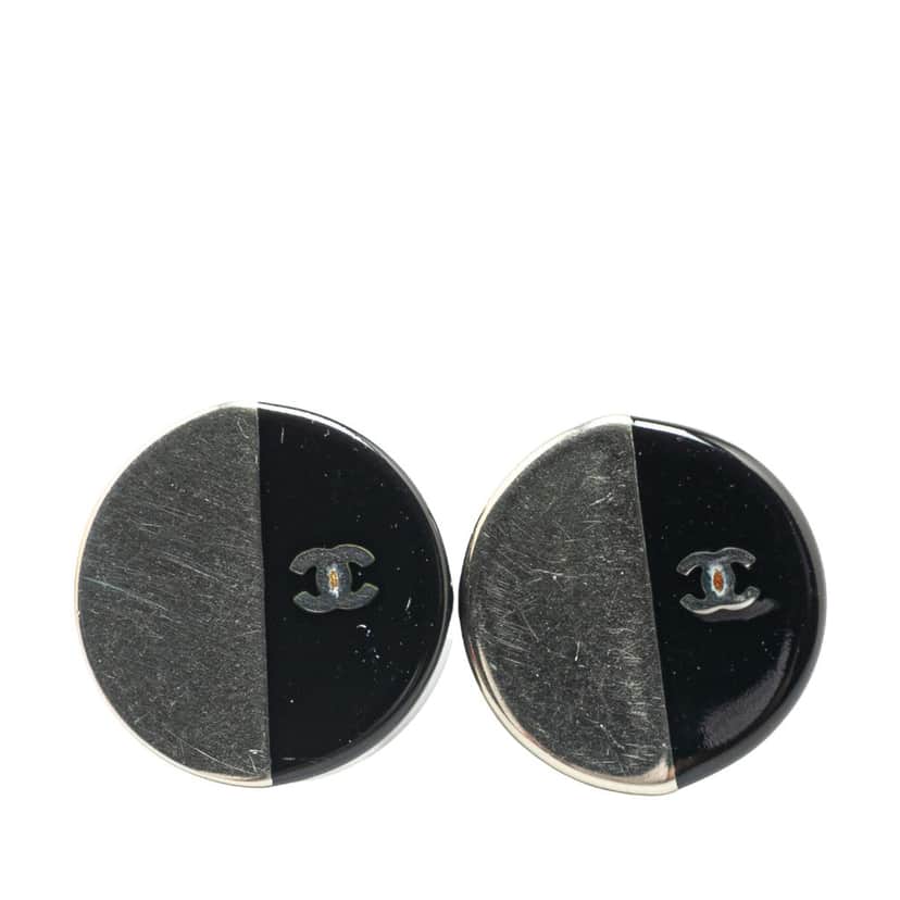 Chanel Silver and Resin CC Button Push Back Earrings Silver Brass Good condition - Front View