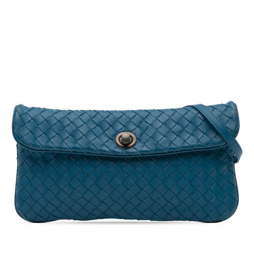 Bottega Veneta Mini Nappa Intrecciato Turn Lock Crossbody Blue Leather Good condition - Front View