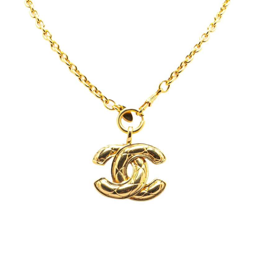 Chanel Gold Plated Quilted CC Pendant Necklace Gold Metal Good condition - Front View