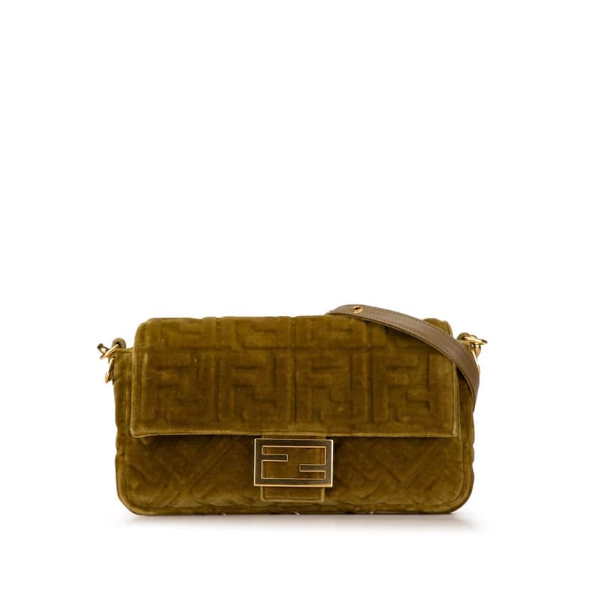 Fendi Zucca Embossed Velvet Baguette Satchel Green Velvet Good condition - Front View