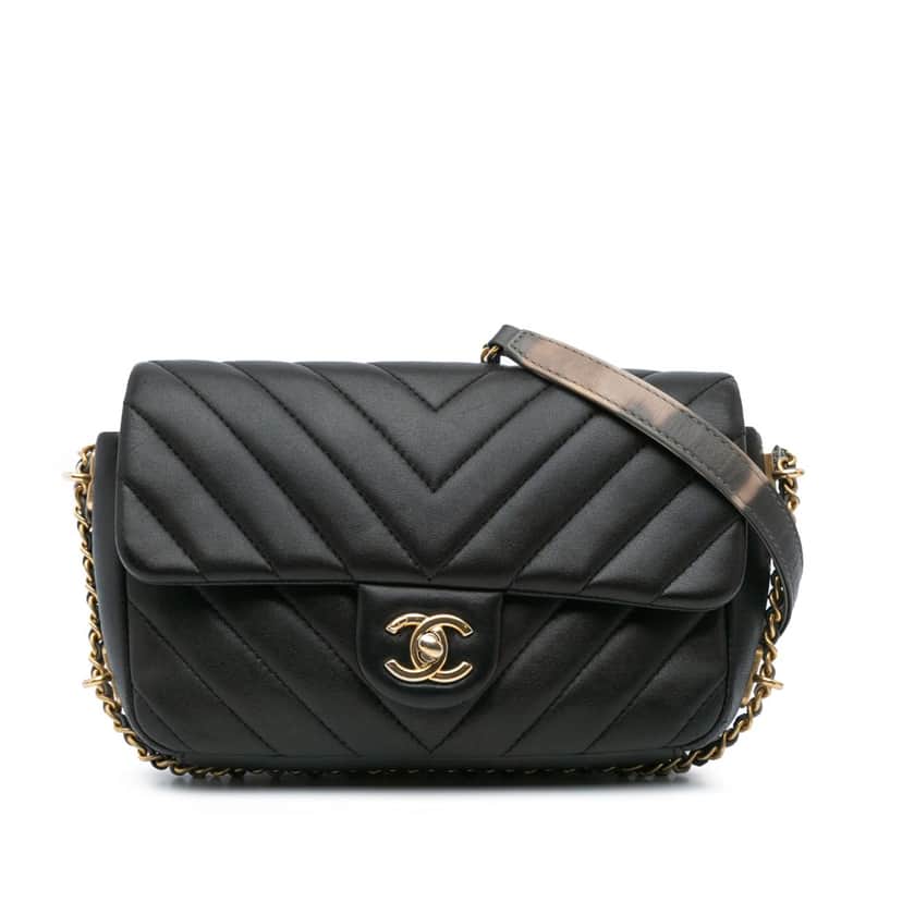Chanel Mini Rectangular Chevron Lambskin Chain Around Flap Black Leather Very good condition - Front View