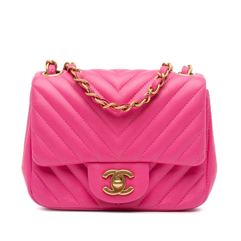 Chanel Mini Square Classic Chevron Lambskin Single Flap Pink Leather Good condition - Front View
