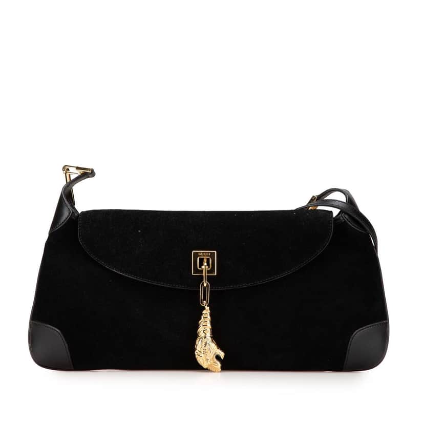 Gucci Suede Tiger Head Shoulder Bag Black Leather Good condition - Front View