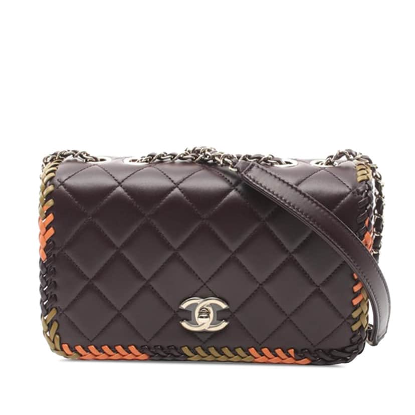 Chanel Medium Quilted Lambskin Whipstitch Flap Brown Leather Very good condition - Front View