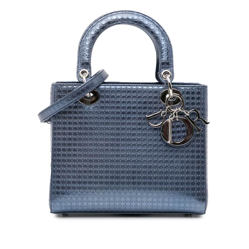 Dior Medium Metallic Patent Microcannage Lady Dior Blue Leather Good condition - Front View