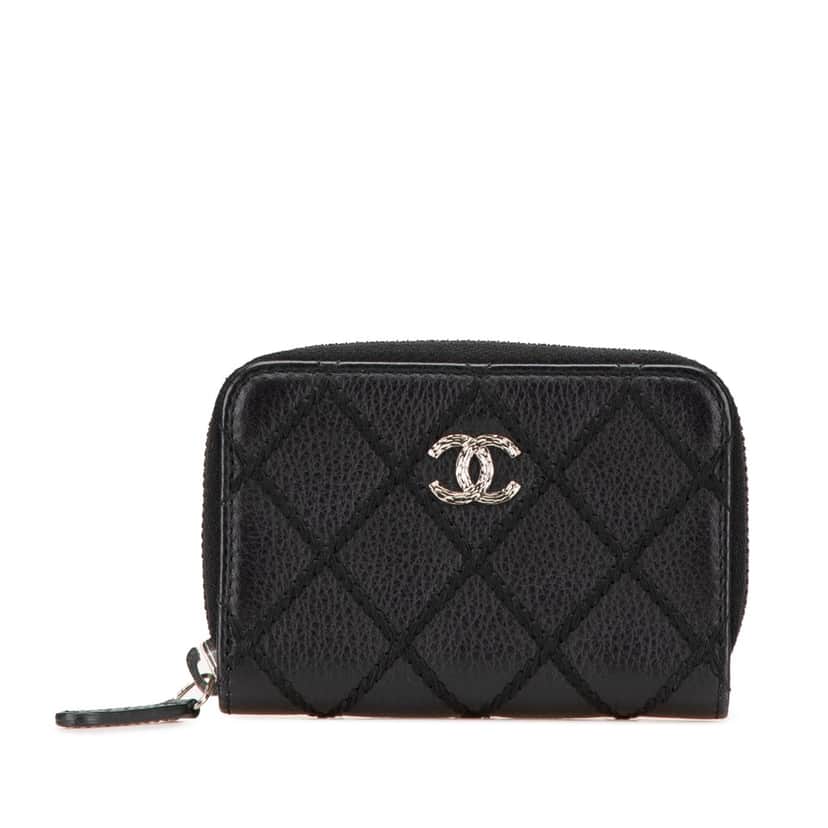 Chanel CC Quilted Calfskin Wild Stitch Zip Coin Purse Black Leather Good condition - Front View