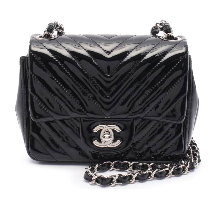 Chanel Mini Square Classic Chevron Patent Single Flap Black Leather Good condition - Front View