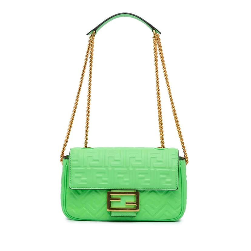 Fendi Zucca Embossed Leather Chain Midi Baguette Green Leather Very good condition - Front View