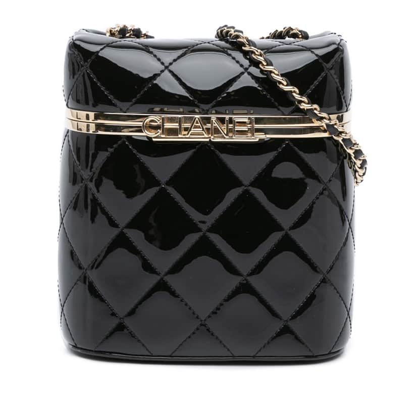 Chanel Quilted Patent Logo Chain Vanity Case Black Leather Very good condition - Front View