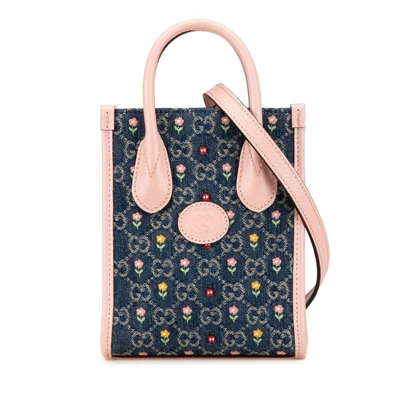 Gucci Mini GG Denim Interlocking G Flowers Tote Blue Denim Good condition - Front View