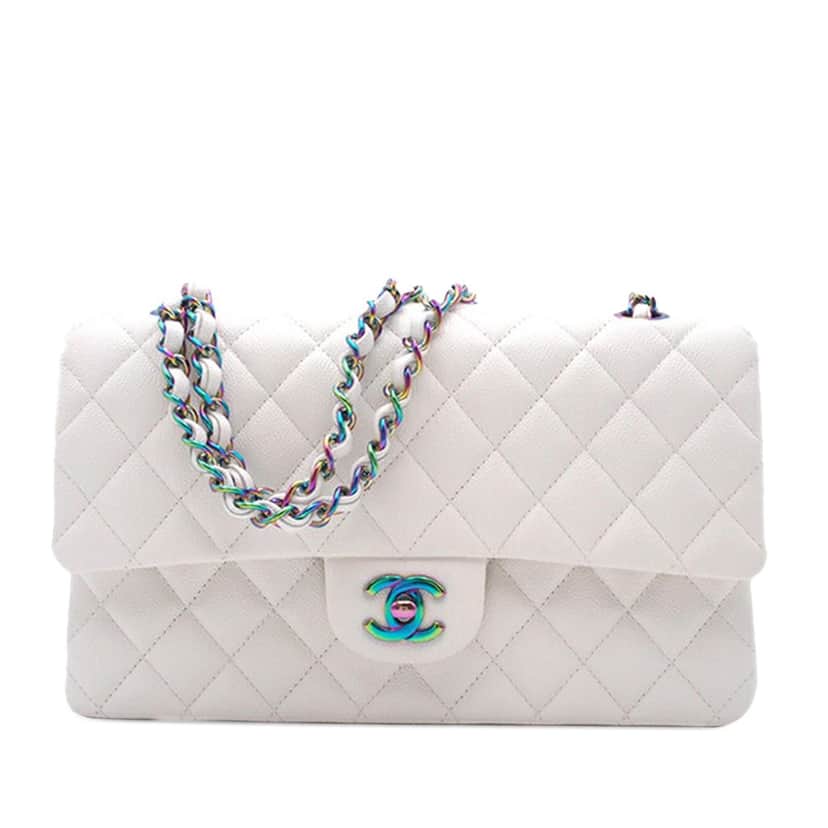 Chanel Medium Classic Iridescent Caviar Double Flap White Leather Good condition - Front View