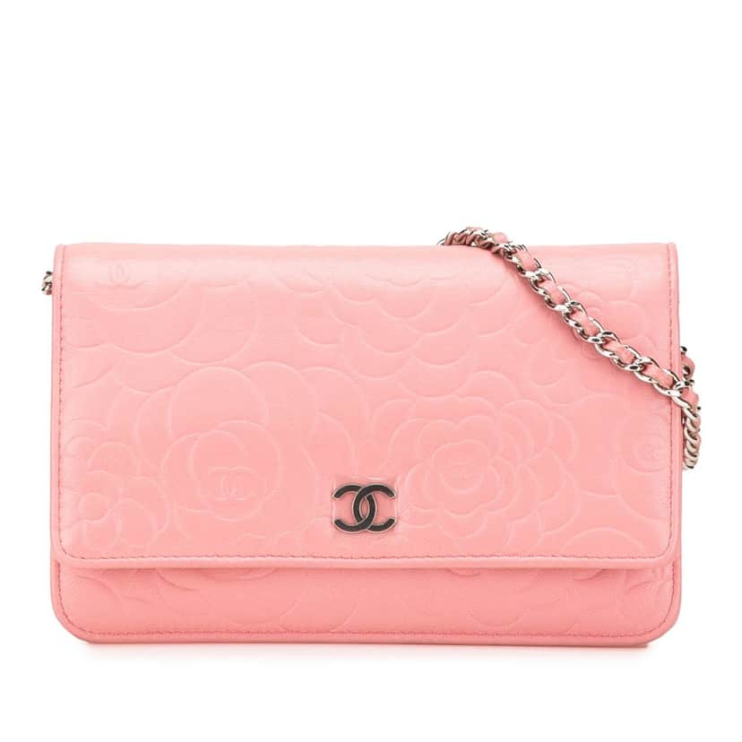 Chanel Embossed Lambskin Camellia Wallet On Chain Pink Leather Good condition - Front View