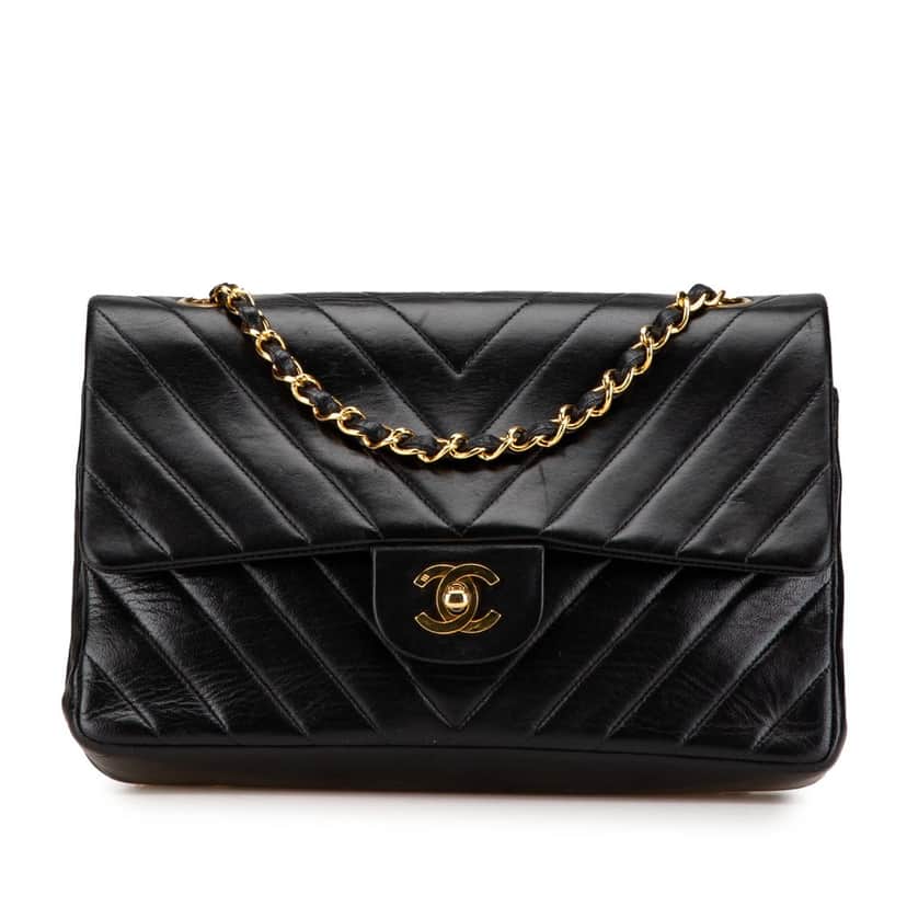 Chanel Medium Classic Chevron Lambskin Double Flap Black Leather Good condition - Front View
