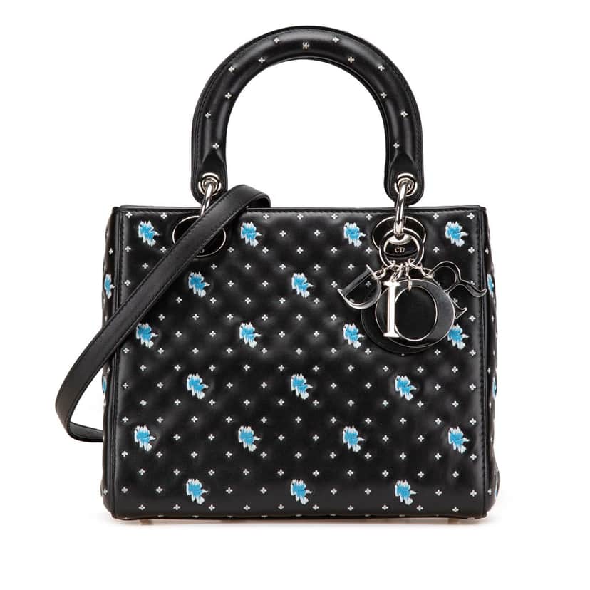 Dior Medium Calfskin Embroidered Flower Lady Dior Black Leather Good condition - Front View