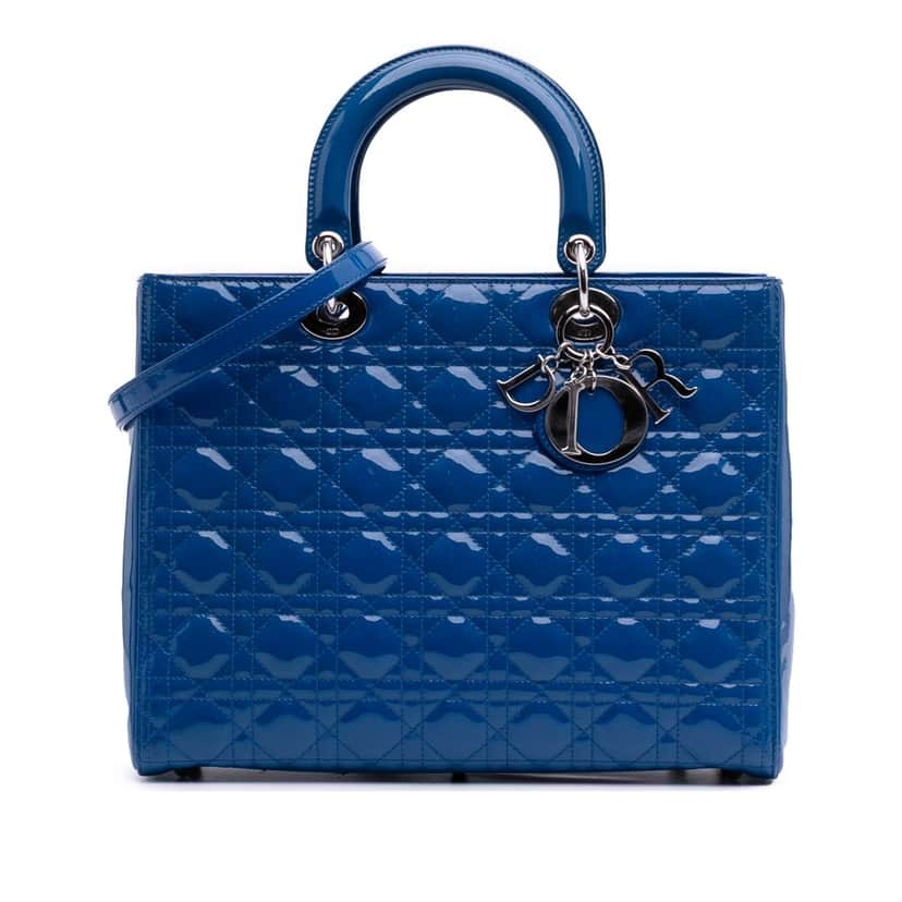 Dior Large Patent Cannage Lady Dior Blue Leather Good condition - Front View