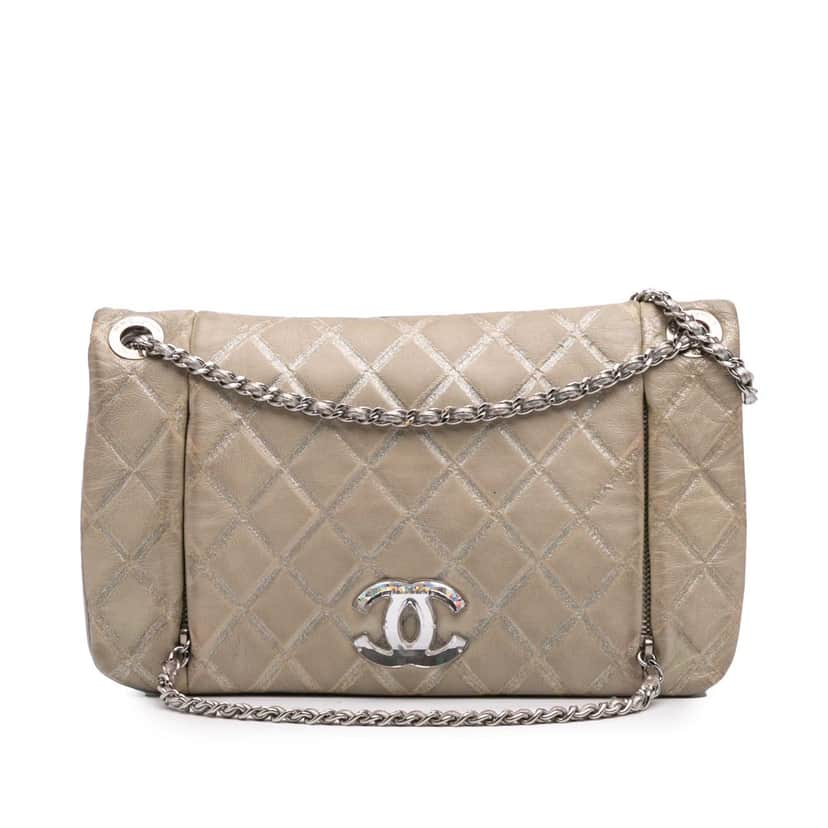 Chanel Quilted Metallic Distressed Lambskin CC Crystal Flap Brown Leather Fair condition - Front View