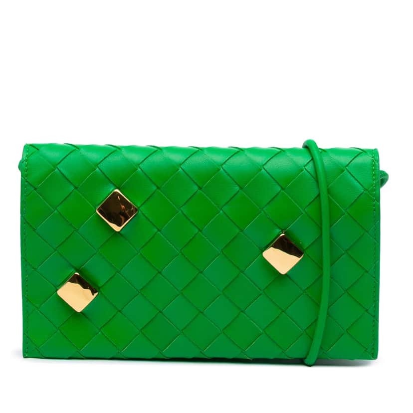 Bottega Veneta Nappa Intrecciato Studded Wallet On Strap Green Leather Good condition - Front View