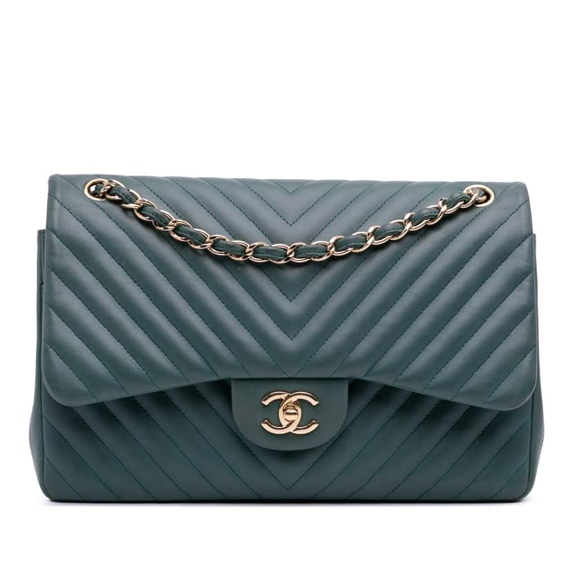 Chanel Jumbo Classic Chevron Lambskin Double Flap Green Leather Good condition - Front View