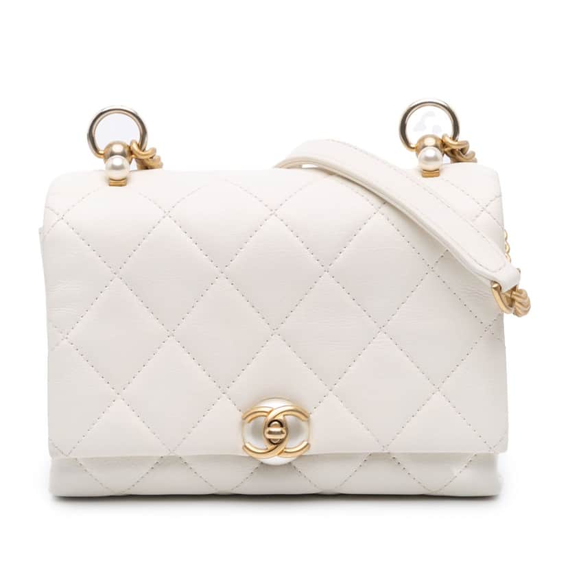 Chanel Mini Quilted Calfskin Pearl CC Accordion Flap White Leather Good condition - Front View