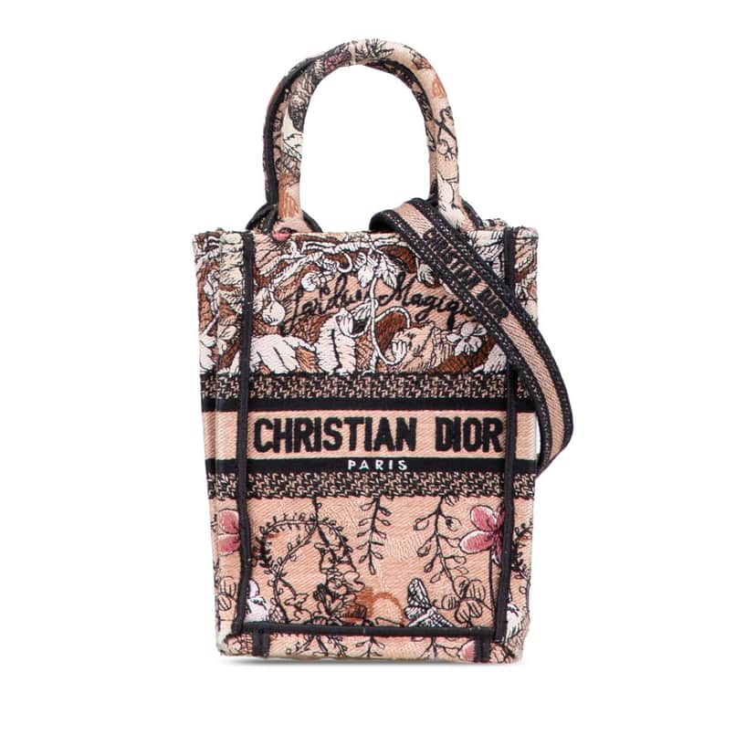 Dior Mini Embroidered Canvas Jardin Magique Vertical Book Tote Pink Canvas Good condition - Front View