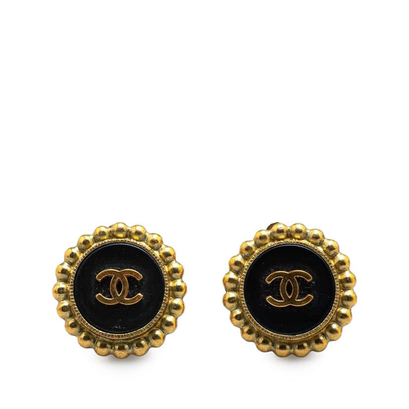 Chanel Gold Plated Acrylic CC Button Clip on Earrings Gold Metal Good condition - Front View
