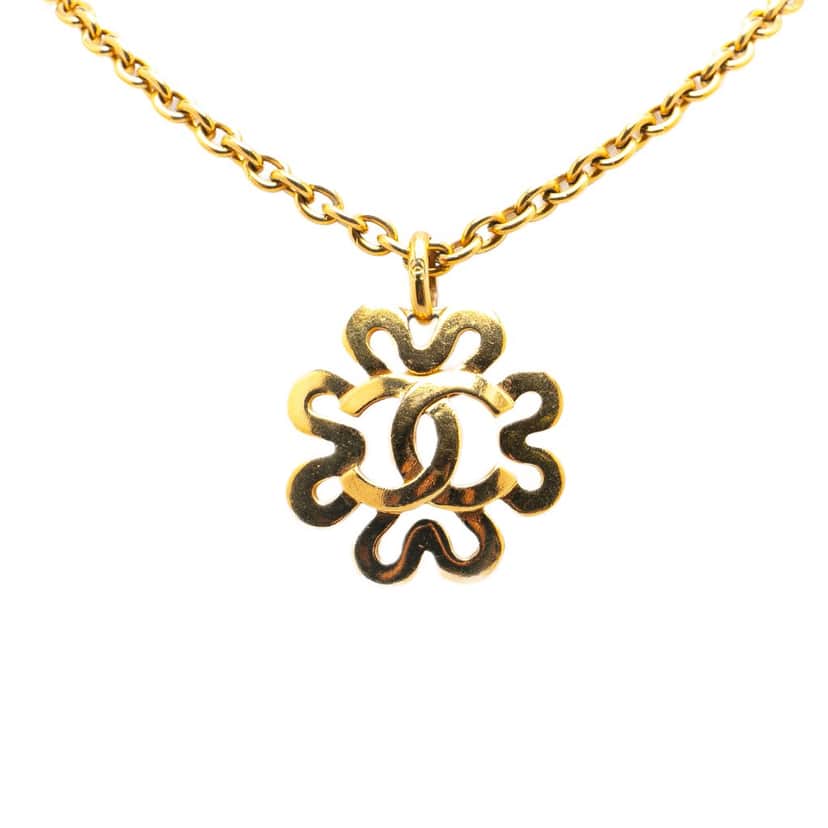 Chanel Gold Plated CC Flower Pendant Necklace Gold Metal Good condition - Front View