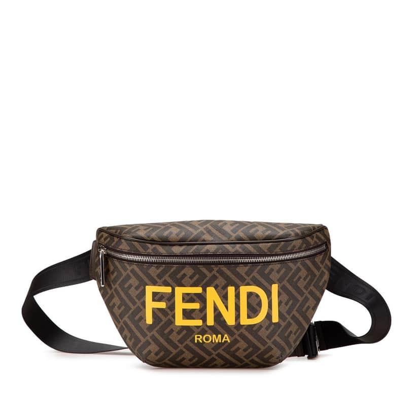 Fendi Shiny Glazed Fabric Vitello Cover FF 1974 Logo Belt Bag Brown Canvas Good condition - Front View