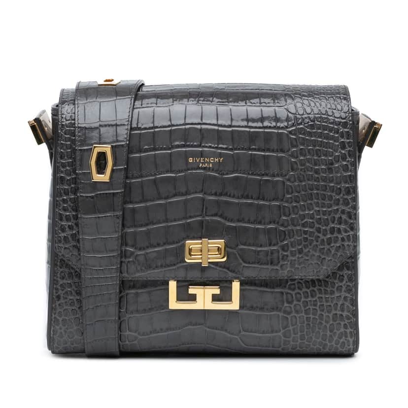 Givenchy Medium Croc Embossed Eden Crossbody Grey Leather Good condition - Front View