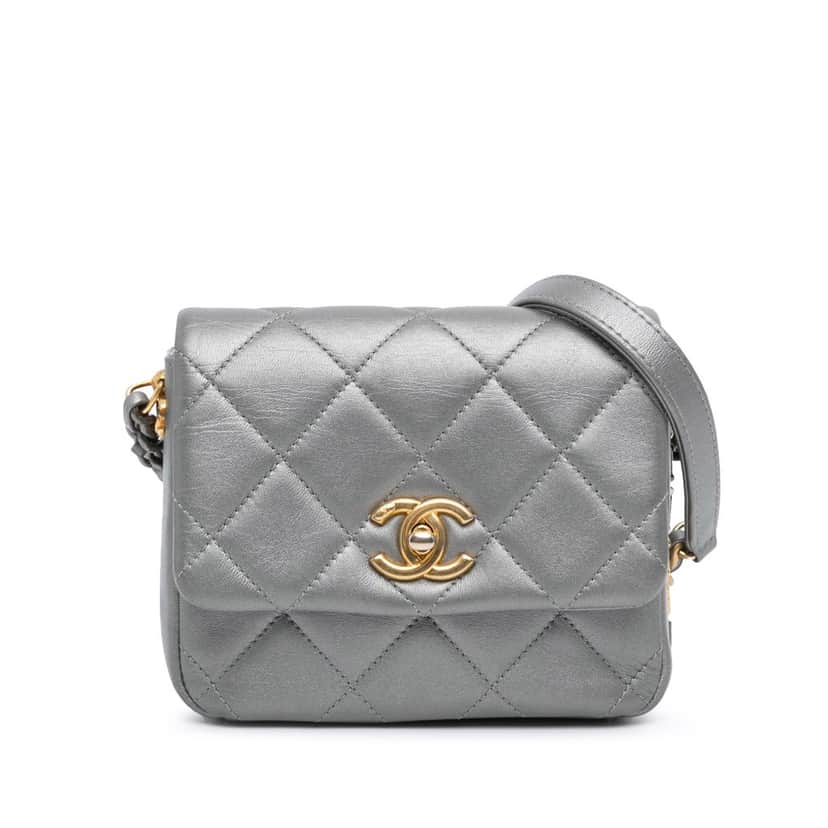 Chanel Mini Quilted Lambskin Side Note Flap Silver Leather Good condition - Front View