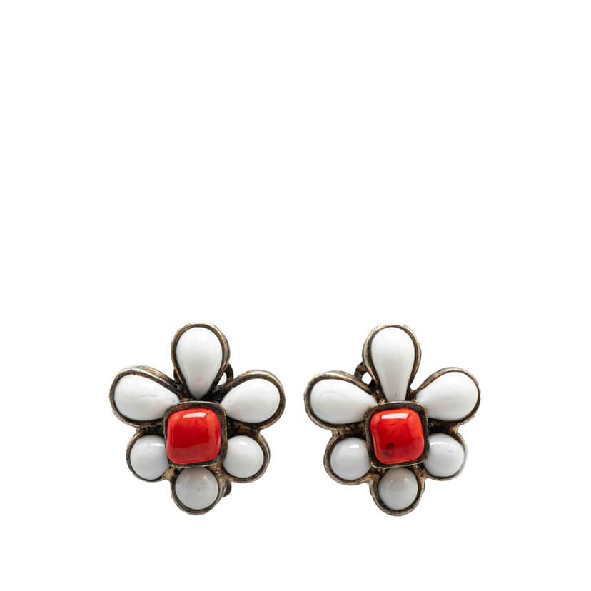 Chanel Silver Plated Gripoix Flower Clip On Earrings Silver Brass Good condition - Front View