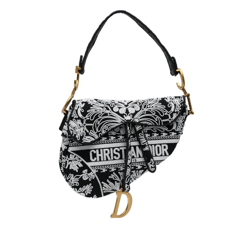 Dior Canvas Embroidered Ornamental Cornely Saddle Bag Black Canvas Good condition - Front View