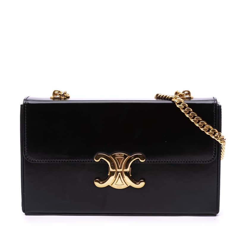 Celine Shiny Calfskin Triomphe Chain Box Shoulder Bag Black Leather Good condition - Front View