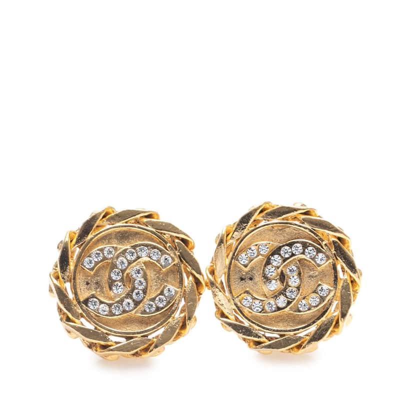 Chanel Gold Plated CC Crystal Clip On Earrings Gold Metal Good condition - Front View