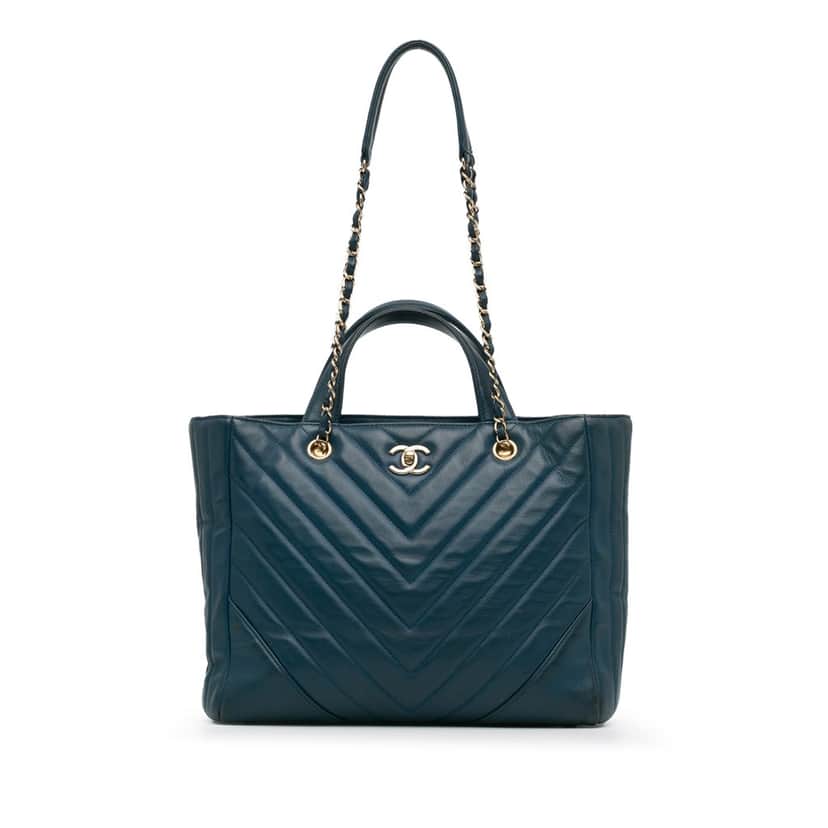 Chanel CC Chevron Calfskin Statement Shopping Tote Blue Leather Fair condition - Front View