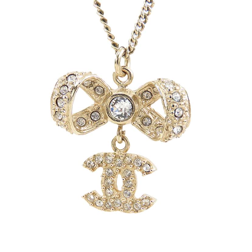 Chanel Gold Plated CC Bow Crystal Pendant Necklace Gold Metal Good condition - Front View